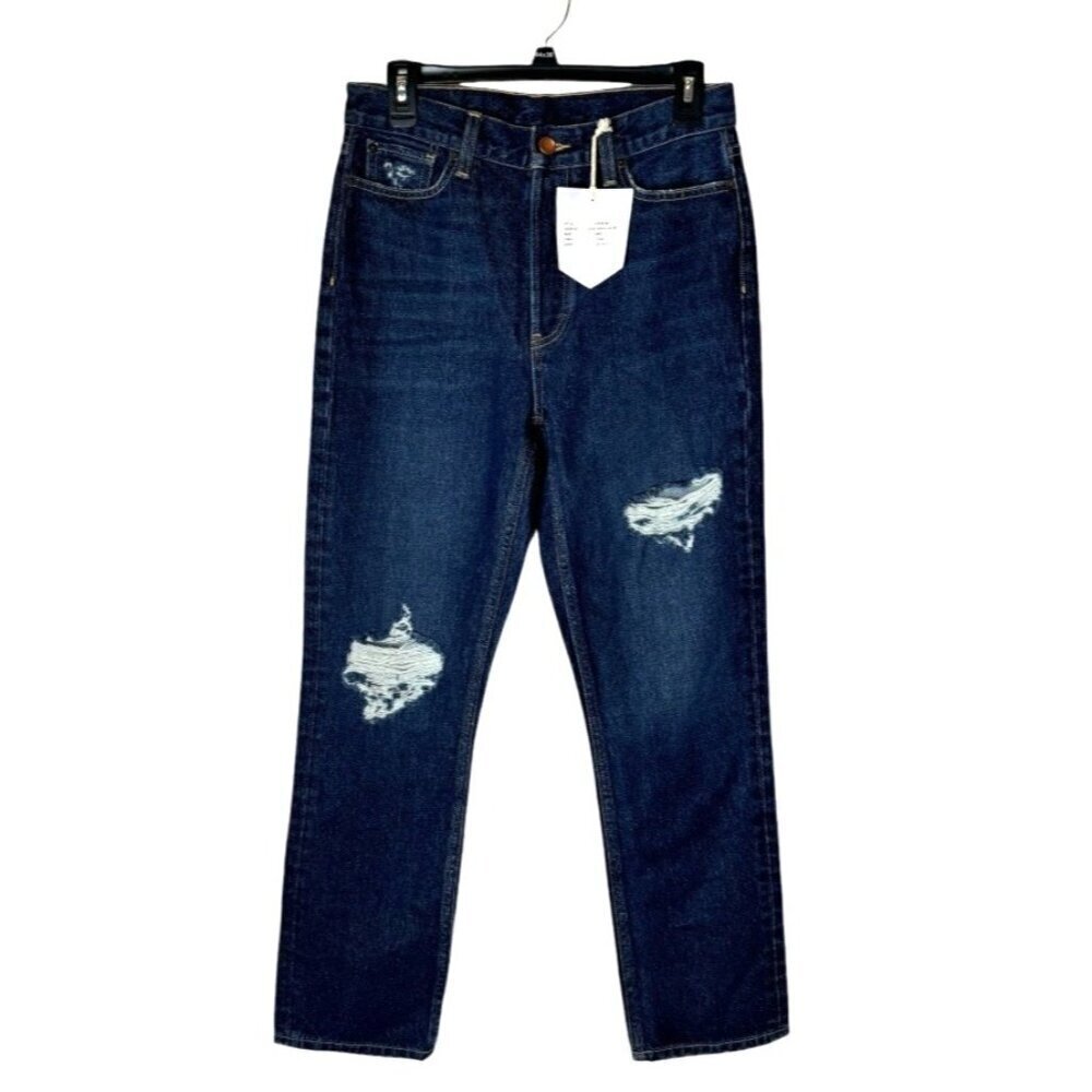 Re/Done Jeans Women 27 Blue Dark Wash Cotton Distressed Le High Straight Leg